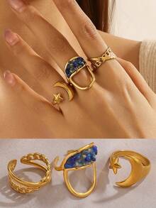 3pcs Set 18K Gold Plated Moon, Star, Cross & Geometric Open Rings, Suitable For Women's Daily Wear, Jewelry Gift - Gold - View 5