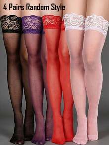 1/4 双装女士渔网过膝长筒袜，性感黑色长筒袜，硅胶蕾丝袜口透明过膝长筒袜，夏季女士日常时尚角色扮演节日生日礼物 - 彩色 - 查看 13