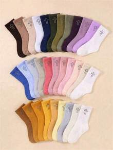 1双/10双/20双/30双/40双装随机春夏袜子，四季皆宜。随机多巴胺糖果色十字图案，一周不重复，韩版时尚甜美可爱，百搭实用，适合春夏户外运动健身穿着。校园日常及居家穿着皆可，柔软亲肤，舒适透气，女士中筒袜 - 彩色 - 查看 3