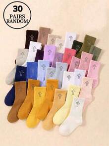 1双/10双/20双/30双/40双装随机春夏袜子，四季皆宜。随机多巴胺糖果色十字图案，一周不重复，韩版时尚甜美可爱，百搭实用，适合春夏户外运动健身穿着。校园日常及居家穿着皆可，柔软亲肤，舒适透气，女士中筒袜 - 彩色 - 查看 5