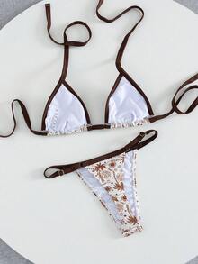 Onefish 女士白色和棕色热带棕榈印花比基尼套装，三角肩带滑动罩杯上衣，侧边系带可调节，低腰高衩泳裤，夏季沙滩泳装 - 白色 - 查看 5