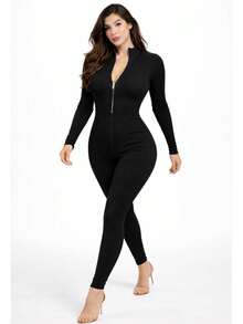 Women's High Neck Jumpsuit, In Premium 3D Rib. Full-Bodied. Virginia, Front Zipper. ZERO TRANSPARENCY. Long Sleeve. - 黑色的 - 查看 3