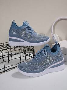 Zapatillas deportivas de mujer con cordones, estilo nuevo, con diamantes de imitación, cuña gruesa, casual, transpirables y cómodas, para correr, viajes al aire libre, adecuadas para todas las estaciones, zapatillas de entrenamiento para mujeres - Neblina azul - Ver 8