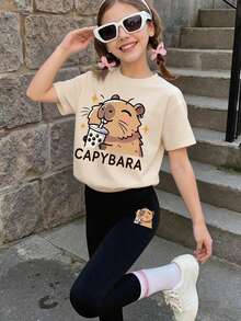 2pcs/Set For Teens: 1 Capybara Print Round Neck T-Shirt And 1 Casual Leggings. Suitable For Spring/Summer Wear, Great For Shopping, Gatherings, Sports, Travel And School. An Excellent Gift For Teenage Girls. - Apricot - View 1