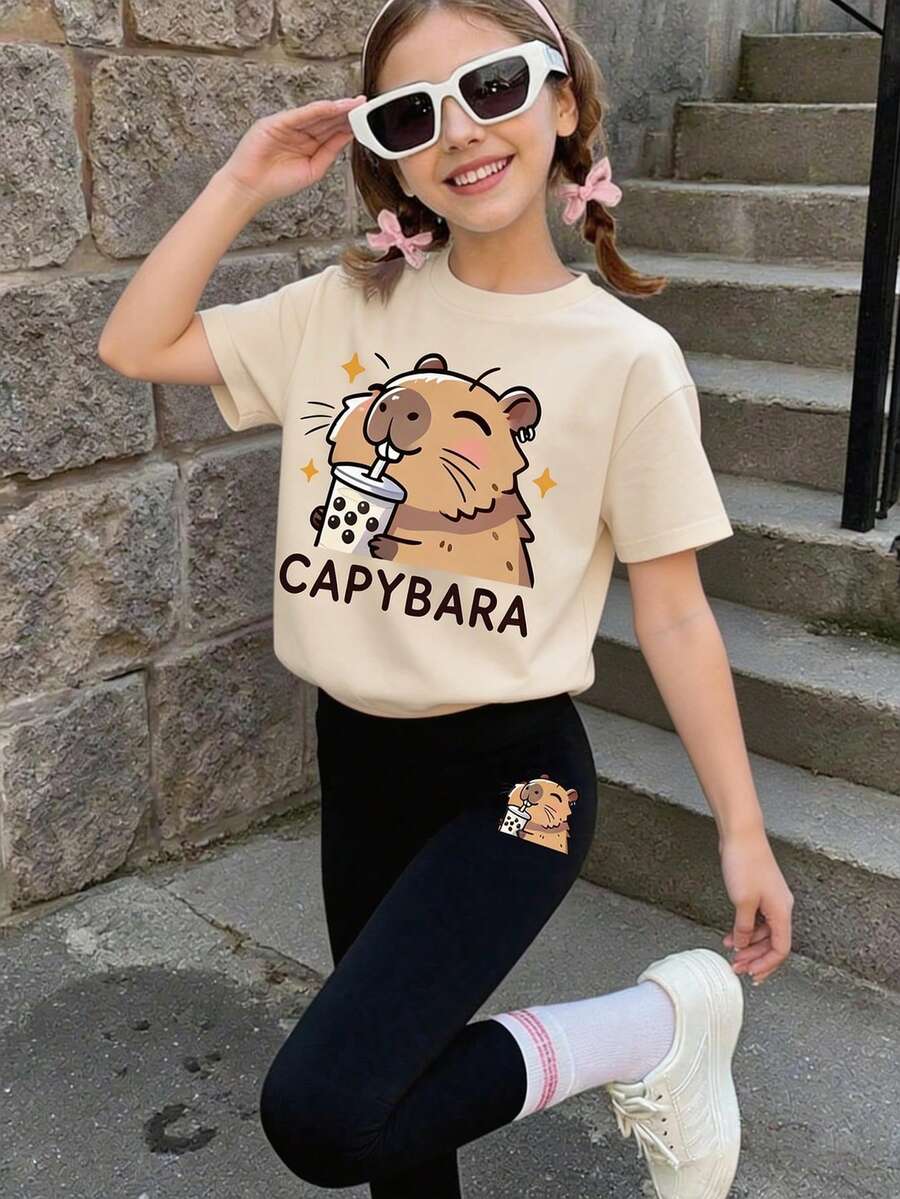 2pcs/Set For Teens: 1 Capybara Print Round Neck T-Shirt And 1 Casual Leggings. Suitable For Spring/Summer Wear, Great For Shopping, Gatherings, Sports, Travel And School. An Excellent Gift For Teenage Girls. - Apricot - View 1