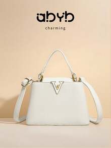 2026 New Luxury White Litchi Grain Handbag & Shoulder Bag, V-Shaped Buckle, Commuting Tote For Women - White - View 5