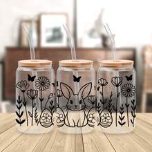 4张兔子和花朵图案的UV DTF转印贴纸，适用于16盎司Libbey玻璃杯（9.4x4.3英寸），可爱纯色花朵防水贴纸，无需加热 - 兔子花 - 查看 6