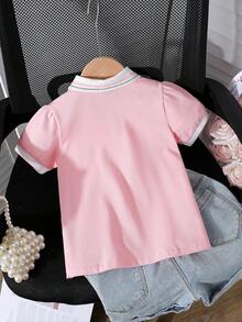 Young Girl Contrast Trim Polo Shirt Short Sleeve Undershirt - Pink - View 2