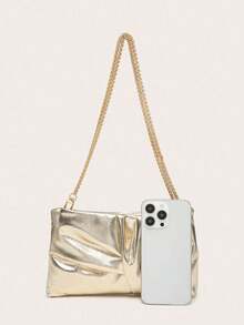 Women's Square Shoulder Bag, Pleated PU Texture, Metal Chain, Fashion Design, Suitable For Evening Events And Outdoor Shopping - Gold - View 4