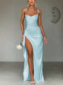 Sy-Elegant Sexy Satin Strapless Off Shoulder Frill Trim Waist Party Dress, Bridesmaid Dress, Formal Gown. - 淺藍色 - 查看 3