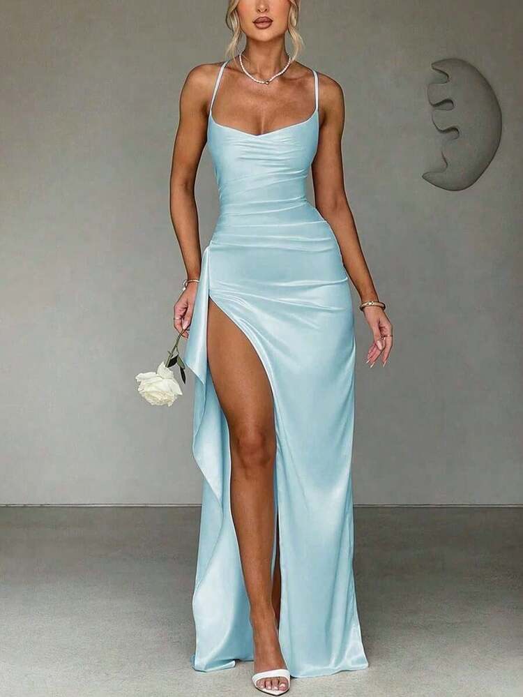 Sy-Elegant Sexy Satin Strapless Off Shoulder Frill Trim Waist Party Dress, Bridesmaid Dress, Formal Gown. - 淺藍色 - 查看 3