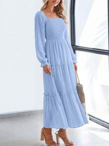 PRETTYGARDEN Women Elegant  Maxi Dresses For Fall Boho Long Sleeve Smocked A Line Ruffle  Wedding Guest Holiday Party Long Dress With Pockets New Years Valentine Vacation Spring Dresses For Women Vestidos Elegantes De Mujer - 淺藍色 - 查看 2