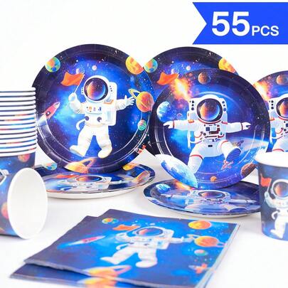 火箭宇航员一次性餐盘、餐巾纸、杯子套装，适合10位客人使用，一次性纸盘派对餐具，适用于生日、婚礼、主题派对、家庭野餐
