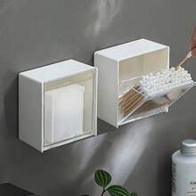 1个粘性壁挂式收纳盒(带翻盖) - 塑料浴室收纳架,适用于棉签、化妆棉和口腔护理产品,节省空间的壁挂式柜式收纳盒,安装快捷。 - 查看 2