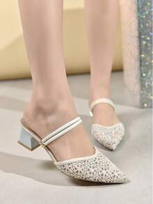 New Mesh Pointed Toe Chunky Heel Sandals Mules Two-Way Wear Pumps - Beige - View 3