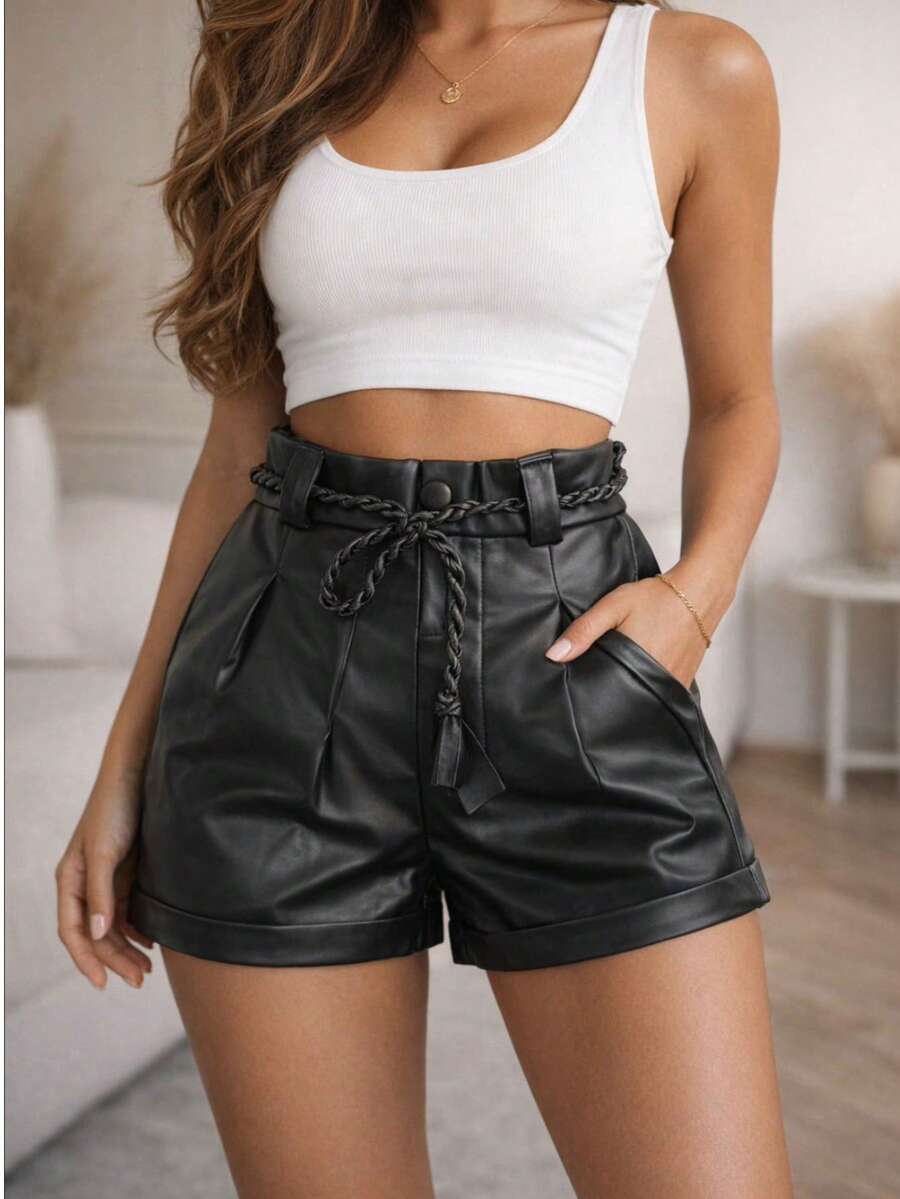Women's Shorts LeatherBohoeElegantSensualCasualPartyPU LeatherButtonPocketZipper - màu đen - Xem 1