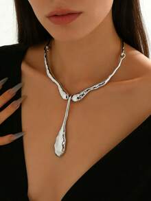 1 pièce Collier pendentif en métal géométrique asymétrique exagéré avec grande goutte d'eau lisse. Polyvalent pour un port quotidien, festivals, fêtes et diverses occasions pour les femmes - Argent - Voir 4