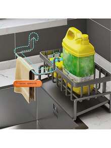 1 pieza Organizador de fregadero de cocina con barra para toallas, soporte para esponjas y escurridor de platos ahorradores de espacio, almacenamiento de detergente y paño de cocina para encimera - Estante - Ver 8