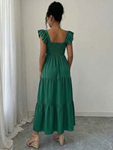 Vestido de verano con cuello cuadrado, espalda descubierta y fruncido, sin mangas, con volantes y diseño escalonado, estilo cami midi, para playa y vacaciones. - Dark Gold - Ver 6