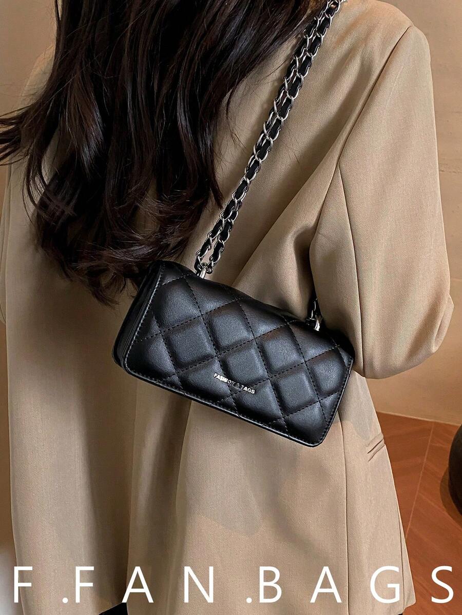 Bolso de mano con diseño de cadena de rombos mini, bolso de hombro simple para ir al trabajo, estilo de moda - Negro - Ver 1