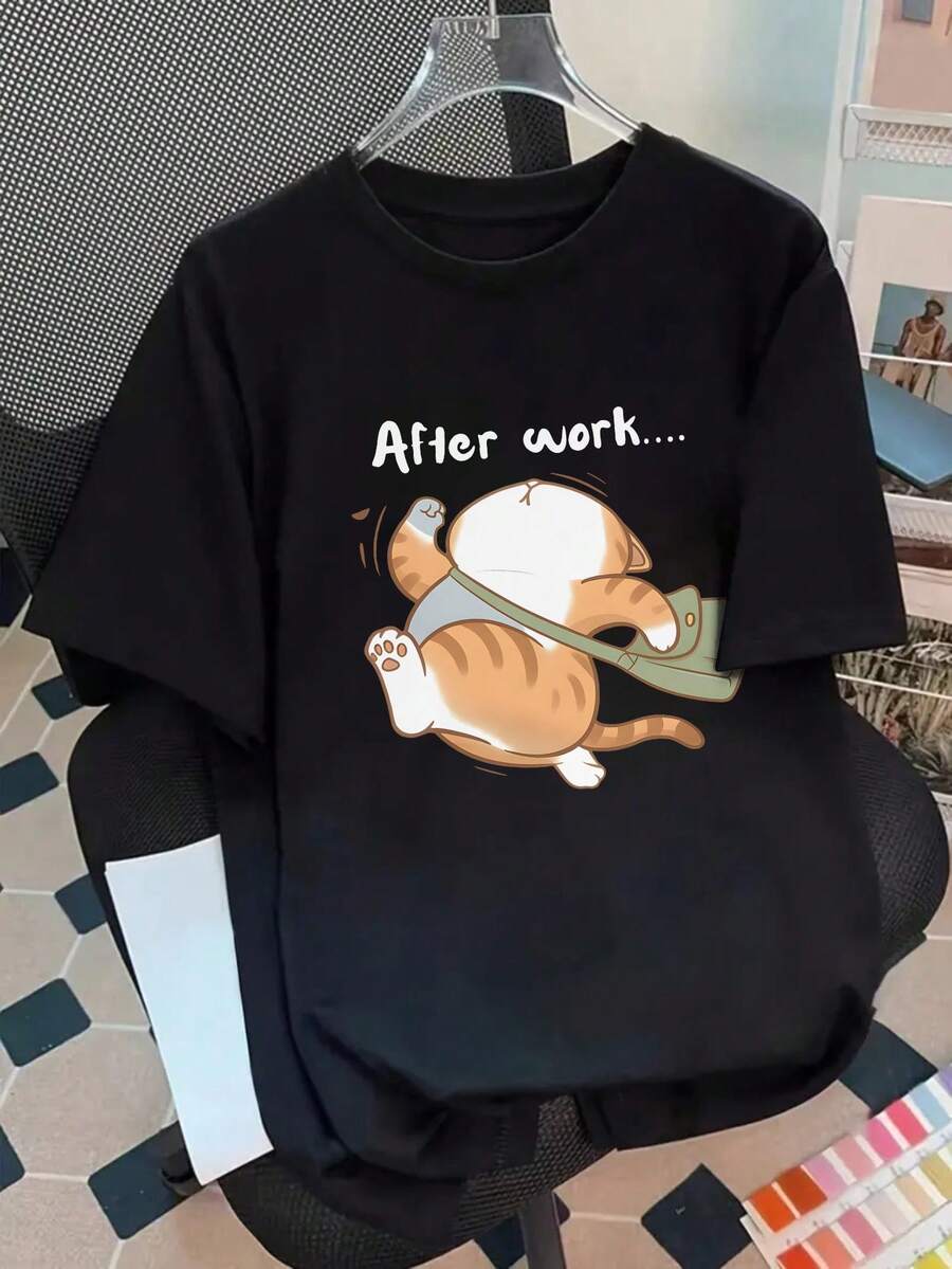 Plus Size Women's Funny Cat Print Casual T-Shirt, Suitable For Daily Wear, Outing, Holiday, Summer, Beach Party, Music Festival, Vacation, Commuting And Other Occasions Black - Black - View 1