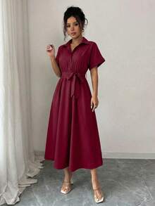 Summer Short Sleeve Shirt Dress Women's Notch Lapel Tie Front Relaxed Fit Solid Flounce Hem Casual Midi - 酒紅色 - 查看 4