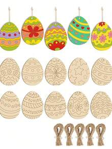 40pcs Unfinished Wooden Easter Eggs, DIY Craft Decorative Eggs, Paintable Wooden Egg Slices, Jute Rope, Easter Coloring Activity, Blank Wooden Slices, Spring Tree Hanging Decor, Holiday Party Favors, Painting Toys, Rustic Style Festival Decoration - Multicolor - View 1