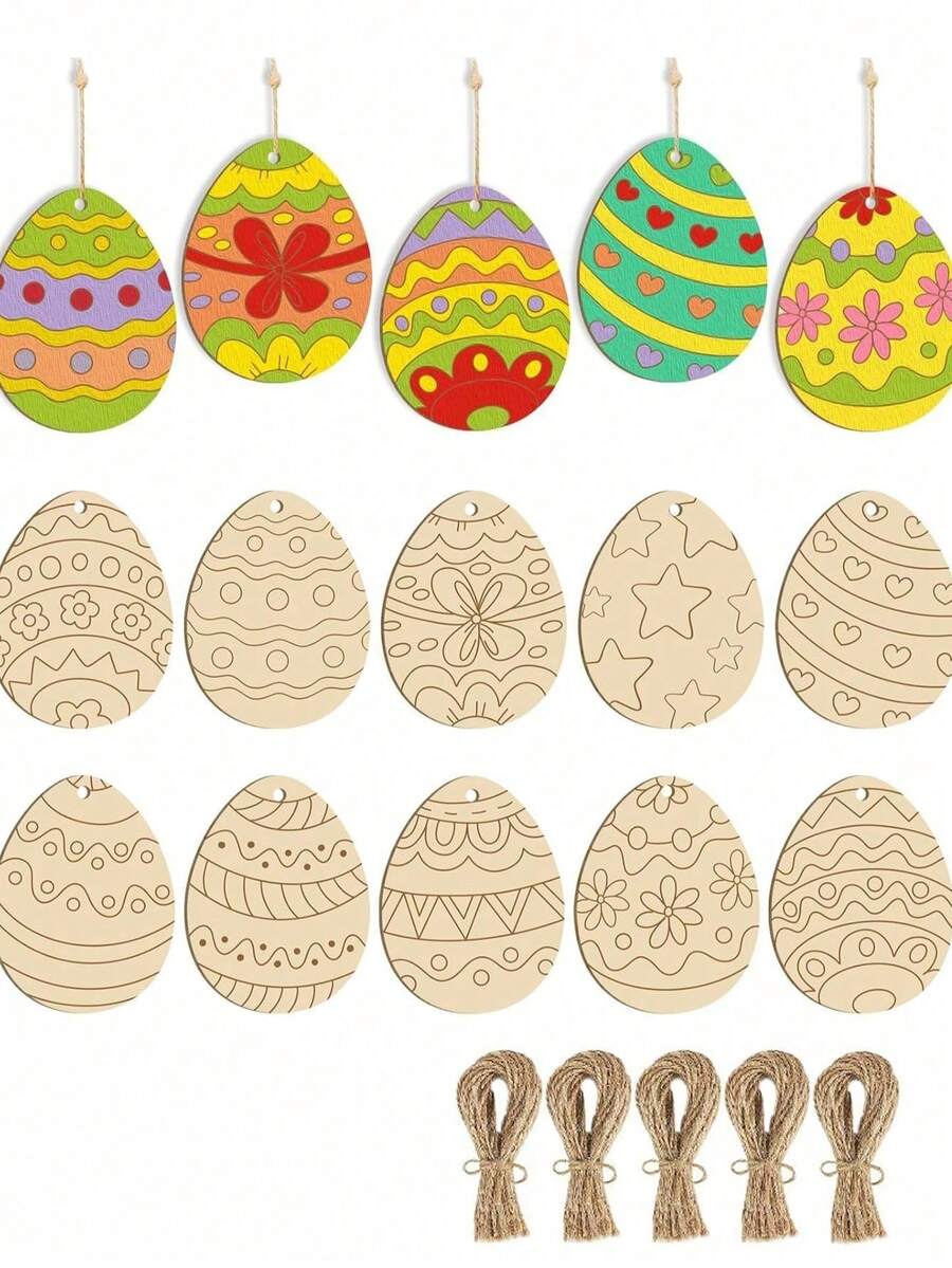 40pcs Unfinished Wooden Easter Eggs, DIY Craft Decorative Eggs, Paintable Wooden Egg Slices, Jute Rope, Easter Coloring Activity, Blank Wooden Slices, Spring Tree Hanging Decor, Holiday Party Favors, Painting Toys, Rustic Style Festival Decoration - Multicolor - View 1