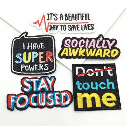 5pcs Text Embroidery Patch Badges, Suitable For DIY Clothing, Hats, Bags, Shoes, Phone Case Decorations, And Iron-On Style