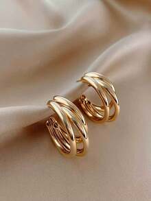 Pendientes de aro trenzados multicapa con diseño geométrico circular dorado de para el comercio transfronterizo, diseño minimalista y versátil de moda - Amarillo Oro - Ver 2