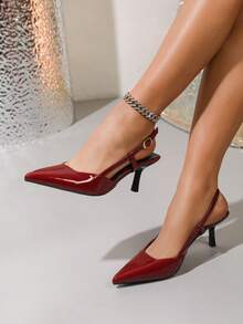 Women's Pointed Toe Strap High Heel Sandals, Lacquered Stiletto Heel, Elegant Summer Shoes - Burgundy - View 2
