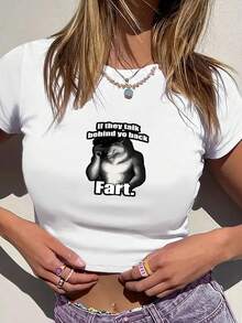 If They Talk Behind Your Back Fart Funny Oddly Specific Meme Graphic Print Women's Fashion Short Sleeve T-Shirt,Y2K Top Crop,Camisetas De Fiesta,Back To School,Vintage,Street Wear, Rock, Holiday, Vacation, Festival, Summer Tops, Free Shipping - 白色 - 查看 4
