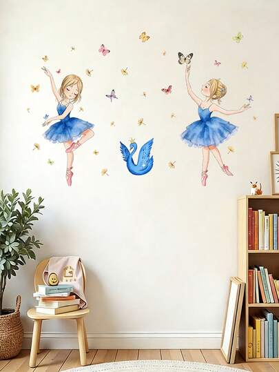 2pcs Ballet Dancer & Blue Bird Wall Stickers | Removable Waterproof Peelable Ballet Shoes Art Decals, Suitable For Kids Room, Bedroom Decor