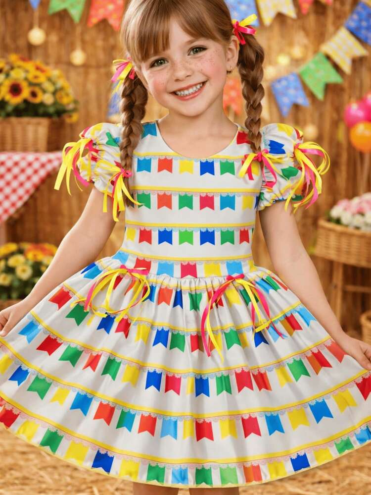 Vestido Caipira Festa Junina Bandeirinha Infantil - Branco - Visão 2