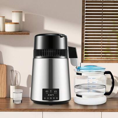 Water Distiller, 1 L/H, 750W Countertop Water Purifier With Dual Temp Display, 4L Distilled Water Maker With 0-99 H Timing,  Glass Carafe Cleaning Powder 3 Carbon Packs Equipped, FDA Approved Si