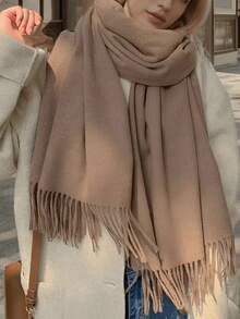 Plain Winter Thick Pashmina Scarf 225g With Fringe Unisex - cinza elefante - 查看 6