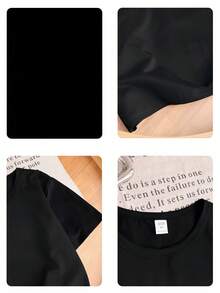 少女字母雏菊印花短袖T恤，休闲时尚新款 - 黑色 - 查看 5