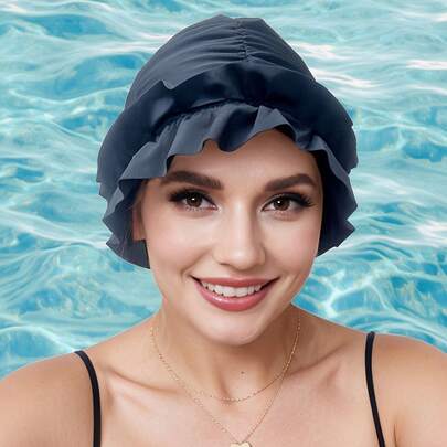 女士泳帽，荷叶边弹力泳帽，美观大方，不压迫长发，时尚运动又舒适，采用弹力带和荷叶边设计，适合泳池或海滩，超大尺寸，长短发均可佩戴。