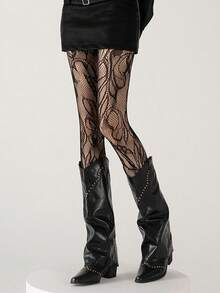 1pc Floral Fishnet Stockings, Y2K Baddie Aesthetic Black Mesh Tights, Pair With Thigh High Boots - Multicolor - View 12