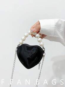 Bolso mini con diseño de nicho en forma de corazón, bolso de hombro con cadena de perlas personalizado de moda para mujeres - Negro - Ver 3