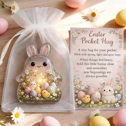 2D Flat Easter Pocket Hugger Cute Mini Acrylic Rabbit With Inspiring Message, Ideal As Easter Gift For Anyone