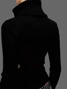 Women's High Collar Sweater Cardigan With Large Zipper And Multiple Buttons, Stylish Design - Black - View 3