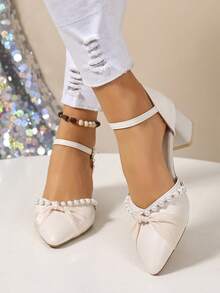 Giày cao gót da màu be cho nữ, giày cao gót đế dày đính ngọc trai giả thời trang, sandal quai ngang mũi nhọn, giày hở mũi màu trơn đế mềm thích hợp cho công sở, tiệc tùng, đám cưới. - Màu be - Xem 4