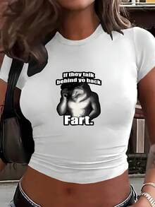 If They Talk Behind Your Back Fart Funny Oddly Specific Meme Graphic Print Women's Fashion Short Sleeve T-Shirt,Y2K Top Crop,Camisetas De Fiesta,Back To School,Vintage,Street Wear, Rock, Holiday, Vacation, Festival, Summer Tops, Free Shipping - 白色 - 查看 3