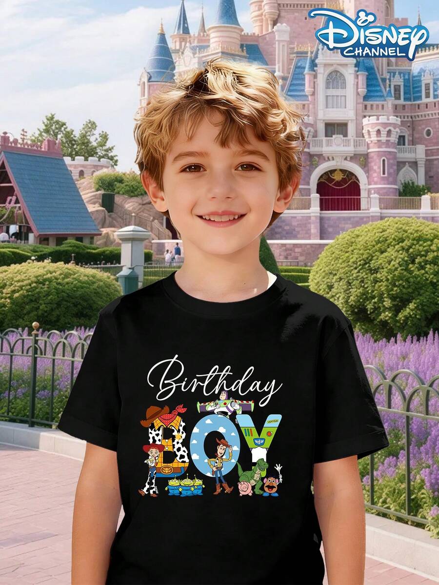 Disney Cartoon Toy T-Shirt With Boy Round Neck Short Sleeved Print "Birthday Boy", Featuring Toys And Cartoon Puppets. Children's Fun And Casual Style, Suitable For Birthday Parties/Daily Outings/Summer Campus Clothing - 黑色 - 查看 1