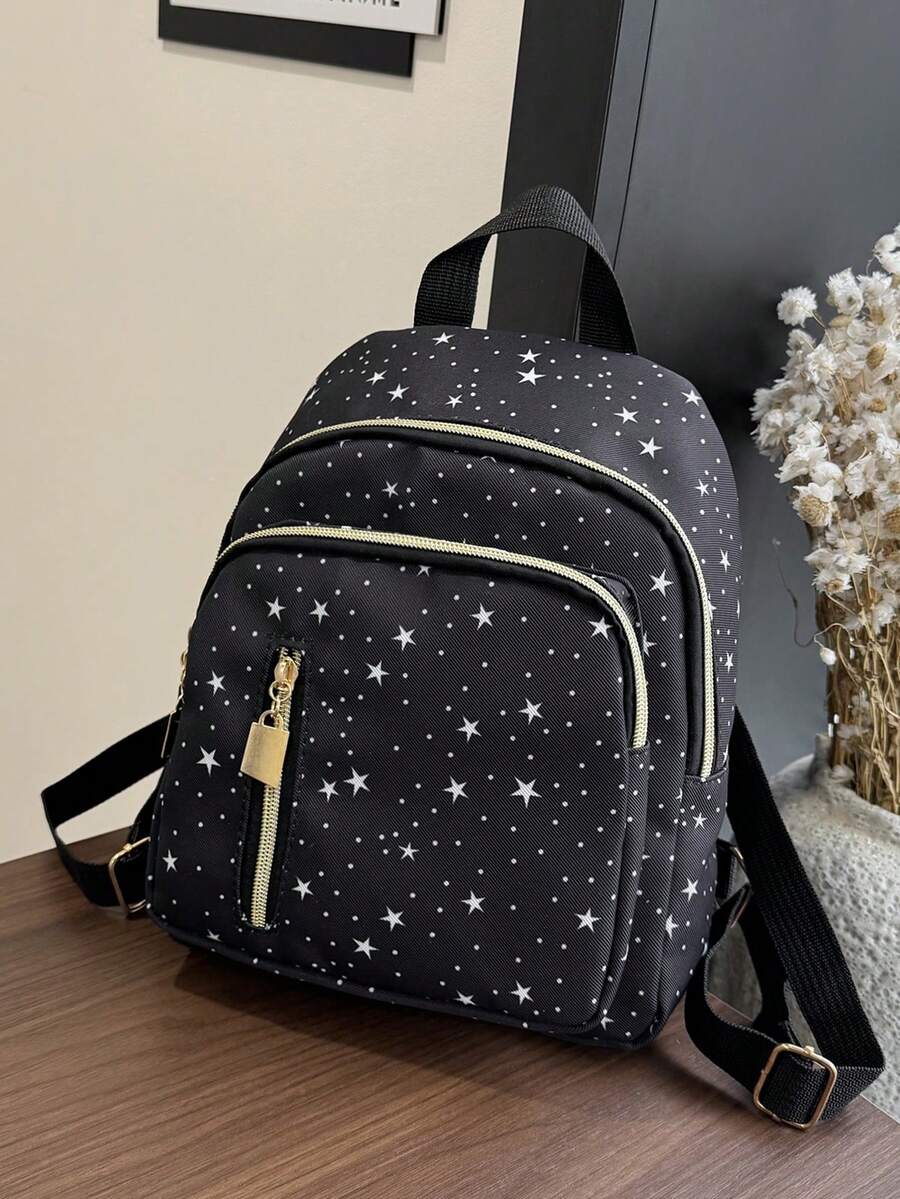 1 pieza Mochila compacta casual de nailon negro, versátil y de moda, adecuada para uso diario de mujeres, citas, salidas y viajes - Negro - Ver 1