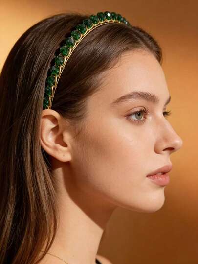 1pc New Vintage Elegant Royal Alice Headband, Green Color With Crystal Embellished, Ideal Gift