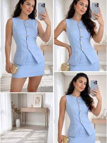 Women's Vest + Shorts Set With Tailored Skirt In Serenity Blue | Modern Elegance With Gold Buttons - Celeste - Ver 4