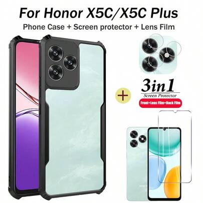 For Honor X5C Plus Phone Case Heavy Duty Clear Acrylic Shockproof For Honor X5C Tempered Glass Screen Protector Film + Lens Film