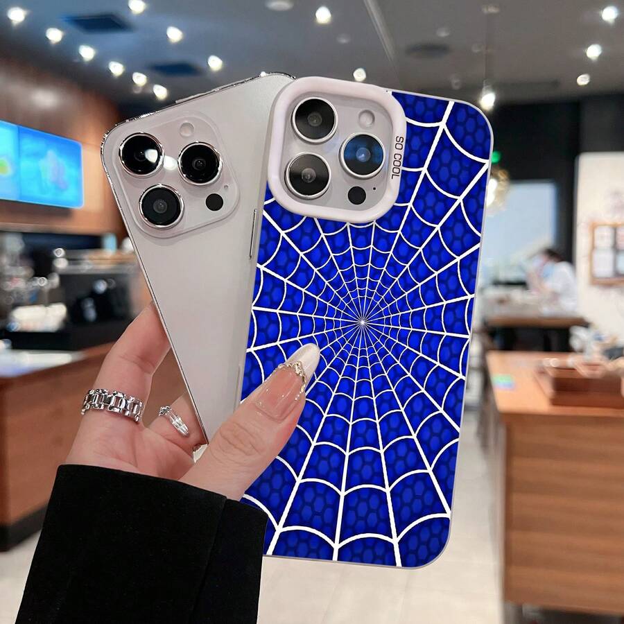 Diseño de telaraña sobre fondo azul con diseño de panal. Esta elegante funda es compatible con Samsung, Apple, VIVO, OPPO, , Transsion, ,  y Honor. Fabricada en silicona TPU, ofrece protección contra golpes y caídas, además de una sensación superior. Es un regalo ideal para familiares, amigos y seres queridos, y la opción perfecta para San Valentín y Año Nuevo. - Plateado - Ver 1